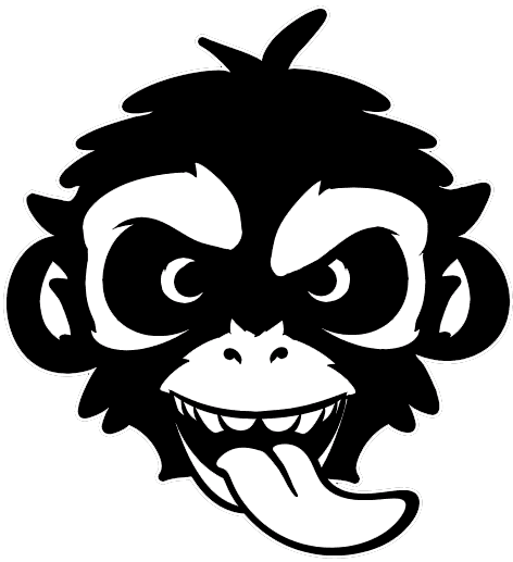 logo da monkey informática - um macaquinho filhote com a lingua para fora e cara de maluco bravo